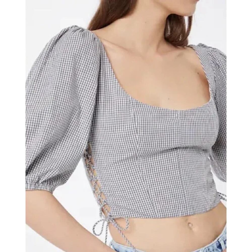 Abercrombie & Fitch NEW Gray Gingham Side Lace-Up Puff-Sleeve Crop Top Large